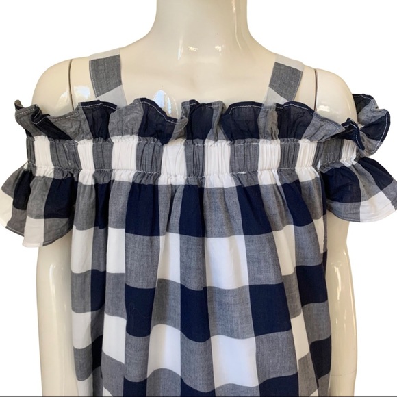 JANIE AND JACK Off-The-Shoulder Gingham Dress 100% Cotton Navy Blue & White Sz 3 - Picture 4 of 16